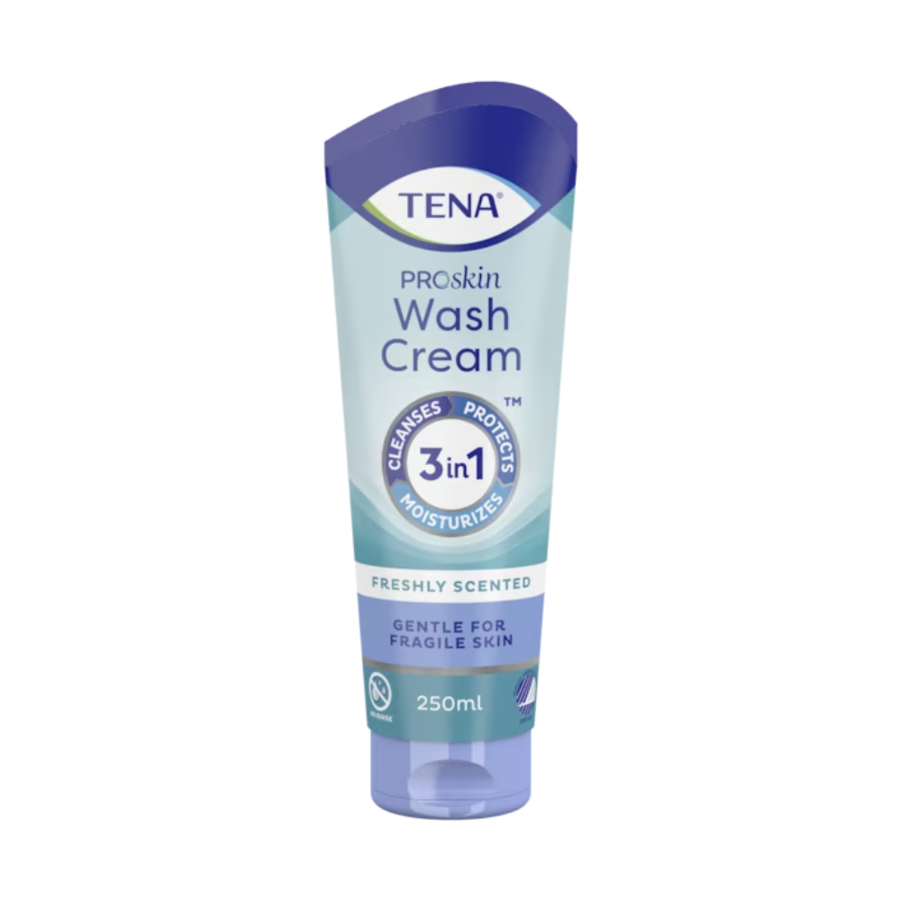 Il tubo da 250 ml di TENA Wash Cream Cura della pelle 3in1 di TENA – Essity Germany GmbH offre una cura della pelle di prima classe attraverso pulizia, protezione e idratazione. Perfetto per la pelle sensibile, offre un profumo rinfrescante che arricchisce l'esperienza di cura.