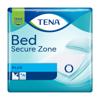 La confezione TENA Bed Plus di TENA - Essity Germany GmbH mostra un materasso con un inserto per incontinenza ed è dotata del logo TENA blu-bianco e della descrizione del prodotto.