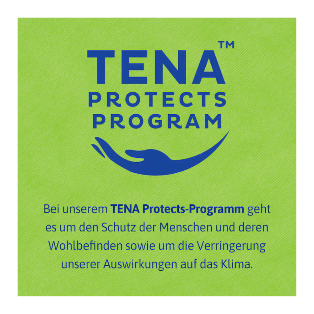 Un'immagine quadrata con sfondo verde mostra "TENA Protects Program" in blu sopra una linea ondulata. Il testo tedesco spiega come TENA Bed Plus di TENA - Essity Germany GmbH supporta il benessere e contribuisce a ridurre l'impatto climatico.