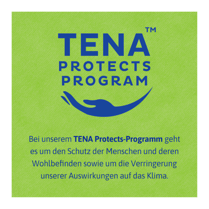 Un'immagine quadrata con sfondo verde mostra "TENA Protects Program" in blu sopra una linea ondulata. Il testo tedesco spiega come TENA Bed Plus di TENA - Essity Germany GmbH supporta il benessere e contribuisce a ridurre l'impatto climatico.