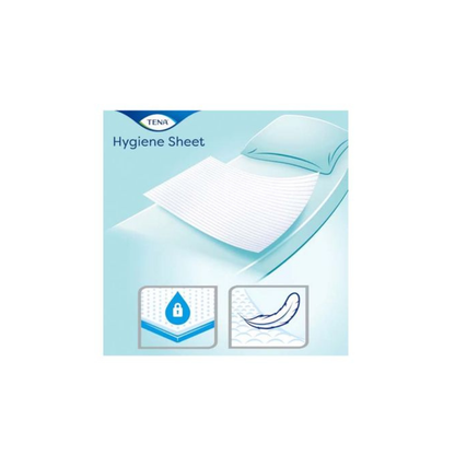Eine Grafik zeigt ein TENA Hygiene Sheet (ersetzt Artikelr. 774454, 100 Stück, TENA - Essity Germany GmbH) auf einem Bett mit einem Kissen. Zwei Piktogramme zeigen die flüssigkeitssperrenden und konturierten Eigenschaften. Die Aufschrift "Hygiene Sheet" erscheint oben.
