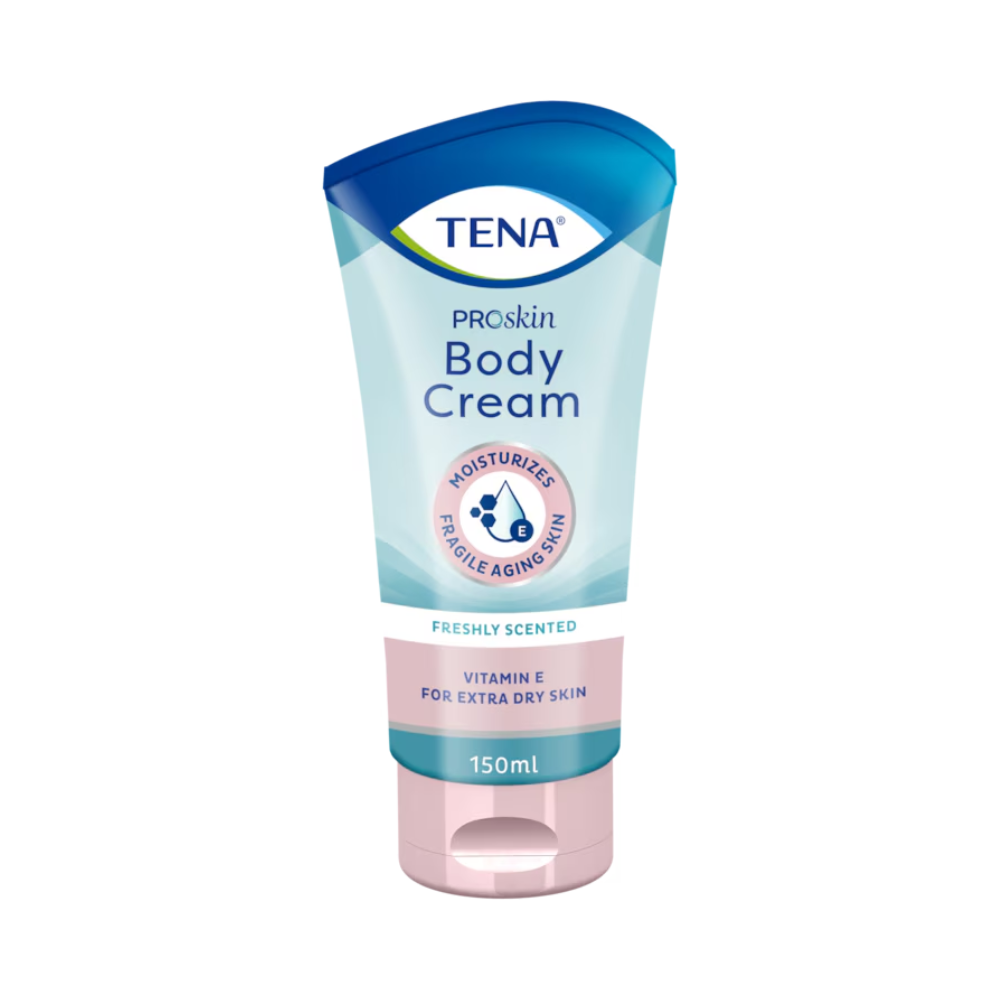 Un tubo da 150 ml di TENA ProSkin Body Cream è offerto in una confezione azzurra con tappo blu scuro. La formula arricchita con oli naturali e vitamina E idrata la pelle sensibile che invecchia, lenisce la pelle secca e offre allo stesso tempo un profumo fresco. Il prodotto è distribuito sotto il marchio TENA da Essity Germany GmbH.