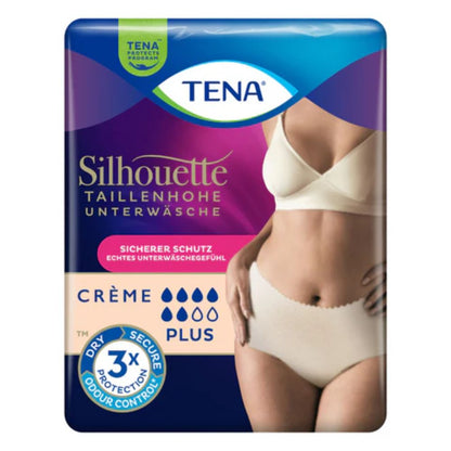 Una confezione di slip assorbenti TENA Silhouette Plus Creme di TENA - Essity Germany GmbH, raffigurata con una donna che dimostra il prodotto. La confezione offre protezione sicura, controllo dell'odore triplo e assorbenza Plus per debolezza vescicale.