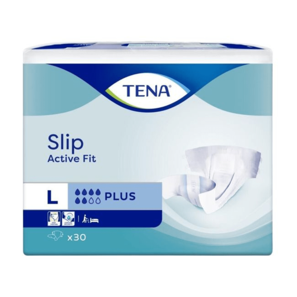 Una confezione rettangolare blu-bianca di pannolini per incontinenza TENA Slip Active Fit Plus di TENA - Essity Germany GmbH, taglia L, con alta capacità di assorbimento, con 30 pezzi. La confezione contiene un'immagine del prodotto e simboli per una protezione affidabile contro l'incontinenza.