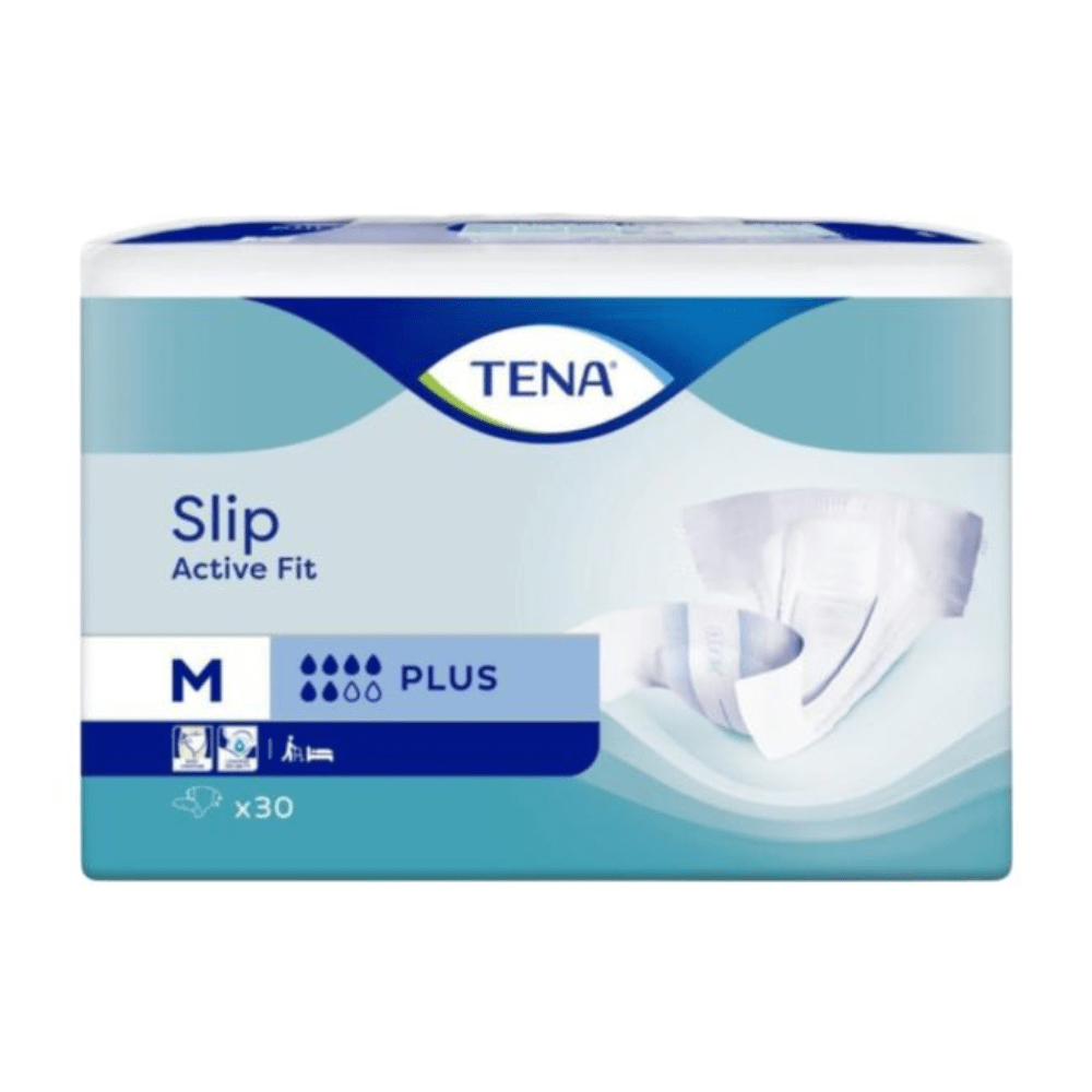 Una confezione da 30 slip per incontinenza TENA Slip Active Fit Plus, taglia M, di TENA - Essity Germany GmbH. La confezione blu-bianca mostra il nome del prodotto e un'immagine di uno slip.