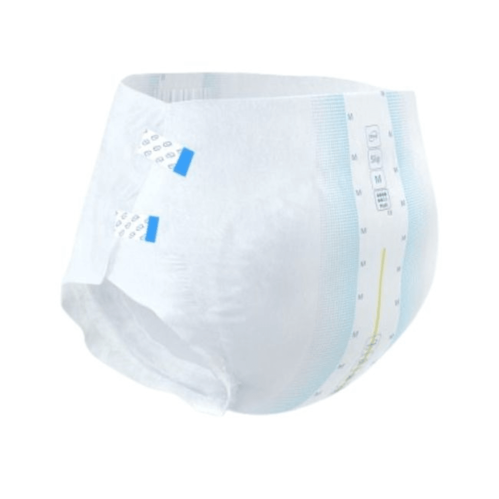 TENA Slip Active Fit Plus di TENA - Essity Germany GmbH è un pannolino monouso per adulti con linguette adesive, fascia elastica, linee blu, indicatore di umidità e colore bianco con marcature azzurro/gialle. Ideale per la gestione dell'incontinenza.