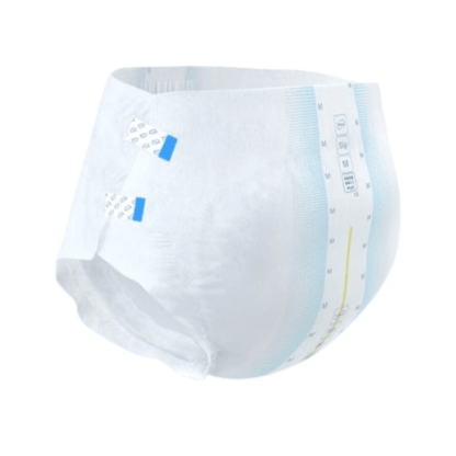 TENA Slip Active Fit Plus di TENA - Essity Germany GmbH è un pannolino monouso per adulti con linguette adesive, fascia elastica, linee blu, indicatore di umidità e colore bianco con marcature azzurro/gialle. Ideale per la gestione dell'incontinenza.