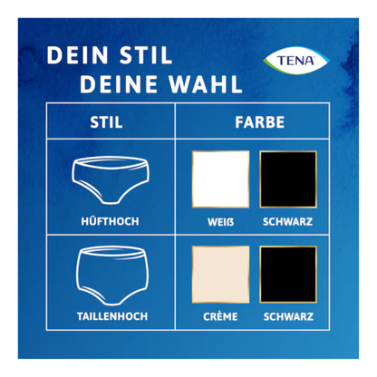 Eine Karte mit dem Titel "DEIN STIL DEINE WAHL" stellt zwei Arten von Schutzunterwäsche vor: "Hüfthoch" und "Taillenhoch". Erleben Sie diskreten Komfort mit Muster TENA silhouette Plus White von TENA - Essity Germany GmbH.