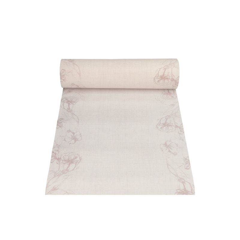 Un PAPSTAR simile a un tessuto PV-Tissue Mix in beige chiaro con delicati motivi floreali rosa chiaro. Questo articolo fa parte dell'elegante collezione ROYAL della PAPSTAR GmbH ed è presentato piatto con il rotolo in alto, ideale per un runner da tavolo esteso. Il tessuto è lungo 24 metri e largo 40 centimetri.