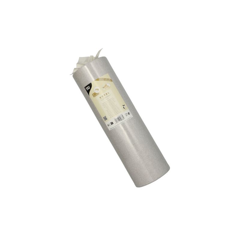 Un rotolo di PAPSTAR simile a un tessuto PV-Tissue Mix "ROYAL Collection" della PAPSTAR GmbH è elegantemente etichettato con informazioni sul prodotto. Il rotolo è in piedi su uno sfondo bianco semplice e mostra la sua composizione di alta qualità in polpa-viscosa-tessuto.