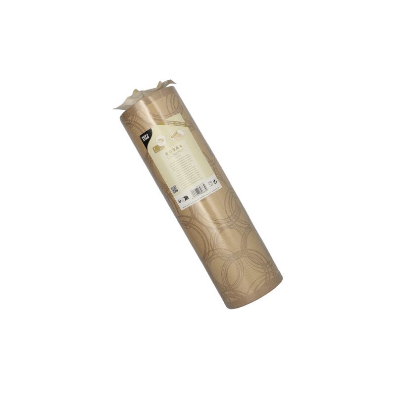 Un imballaggio arrotolato del PAPSTAR runner da tavola simile a tessuto PV-Tissue Mix della collezione ROYAL presenta un raffinato motivo geometrico beige. L'etichetta al centro presenta testo e immagini che descrivono il marchio e le specifiche del prodotto della PAPSTAR GmbH. Confezionato in plastica trasparente, questo elegante runner da tavola arricchisce gli spazi con il suo design raffinato.
