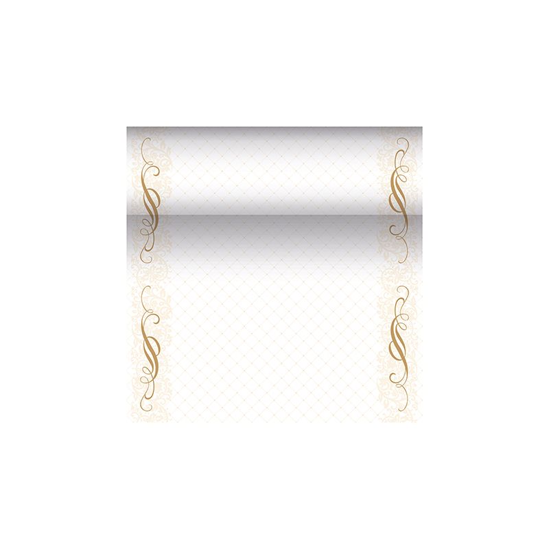Un modello di certificato decorativo della PAPSTAR "ROYAL Collection" evidenzia uno sfondo sfumato con bordi dorati ornati che presentano eleganti motivi floreali a spirale. L'area centrale è lasciata libera per testo o design personalizzati e emana un tocco sofisticato che ricorda i design dei runner da tavola simili a tessuto PV-Tissue Mix della PAPSTAR.