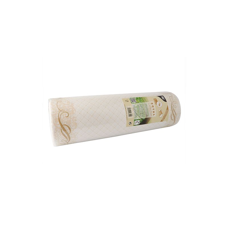 Un rotolo di pellicola di plastica in confezione trasparente porta etichette verdi e marroni con testo e simboli. Questo prodotto della ROYAL Collection della PAPSTAR GmbH presenta un motivo sottile con design artistici dei bordi, che ricorda l'eleganza dei runner da tavola PV-Tissue Mix della PAPSTAR.