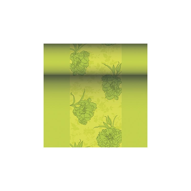 È raffigurato un rotolo di carta da parati con motivo floreale in tonalità di verde, che ricorda la nobile ROYAL Collection della PAPSTAR GmbH. Questo design presenta grandi fiori in un verde leggermente più scuro su uno sfondo verde più chiaro, emanando un fascino elegante simile a quello del PAPSTAR runner da tavola simile a tessuto PV-Tissue Mix "ROYAL Collection" nelle dimensioni 24 m x 40 cm.