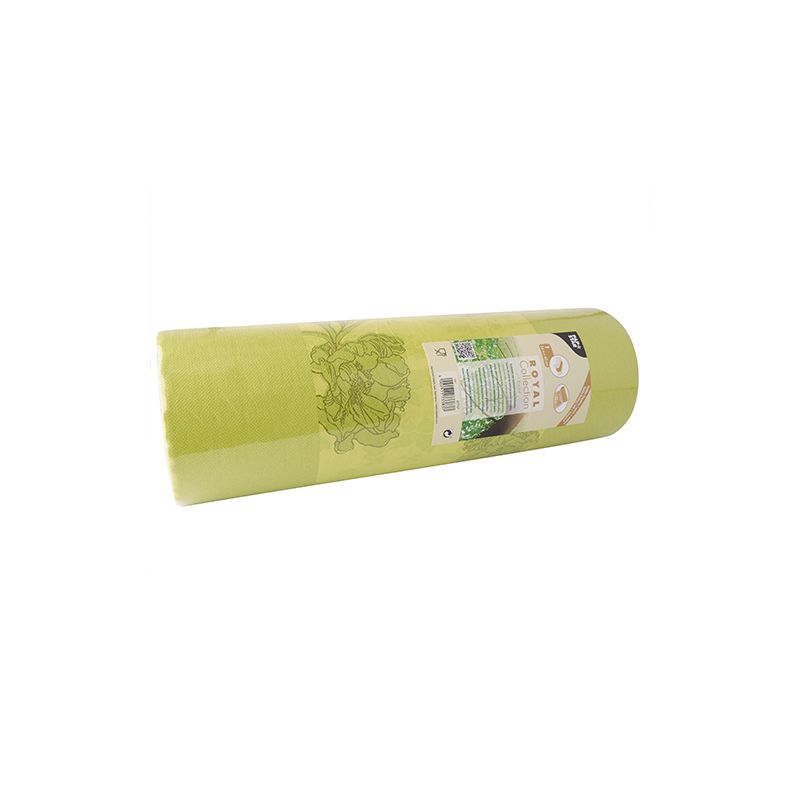 Un rotolo di PAPSTAR runner da tavola verde della ROYAL Collection della PAPSTAR GmbH è avvolto in un imballaggio con motivi floreali e un'etichetta con testo e immagini. L'elegante tovaglia misura 24 m x 40 cm e si trova su uno sfondo bianco impeccabile.