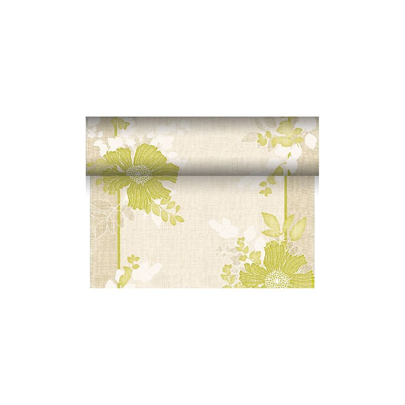 Un rotolo del decorativo runner da tavola di PAPSTAR srotolato, mostra un design con grandi fiori verdi e foglie su sfondo beige della collezione ROYAL. Questo motivo floreale, evidenziato da accenti bianchi, è al centro dell'attenzione ed è abilmente realizzato con un mix di tessuto cellulosa-viscosa per un'ulteriore raffinatezza.