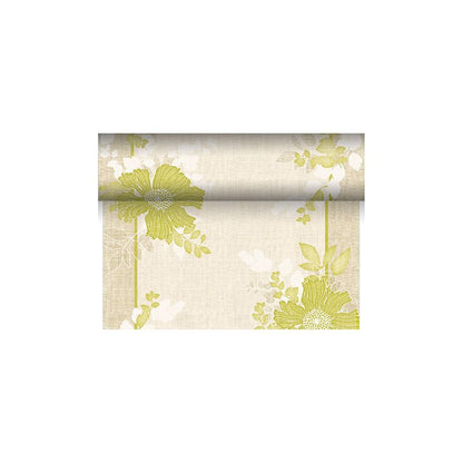 Un rotolo del decorativo runner da tavola di PAPSTAR srotolato, mostra un design con grandi fiori verdi e foglie su sfondo beige della collezione ROYAL. Questo motivo floreale, evidenziato da accenti bianchi, è al centro dell'attenzione ed è abilmente realizzato con un mix di tessuto cellulosa-viscosa per un'ulteriore raffinatezza.