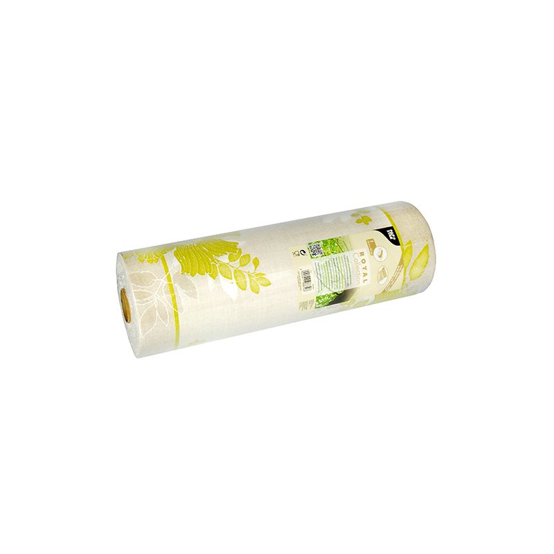 Un runner da tavola della collezione ROYAL della PAPSTAR GmbH presenta un motivo floreale in giallo e verde su sfondo bianco. L'etichetta è composta da un mix di PV-Tissue e contiene testo e dettagli del prodotto. Il rotolo è leggermente inclinato a sinistra.