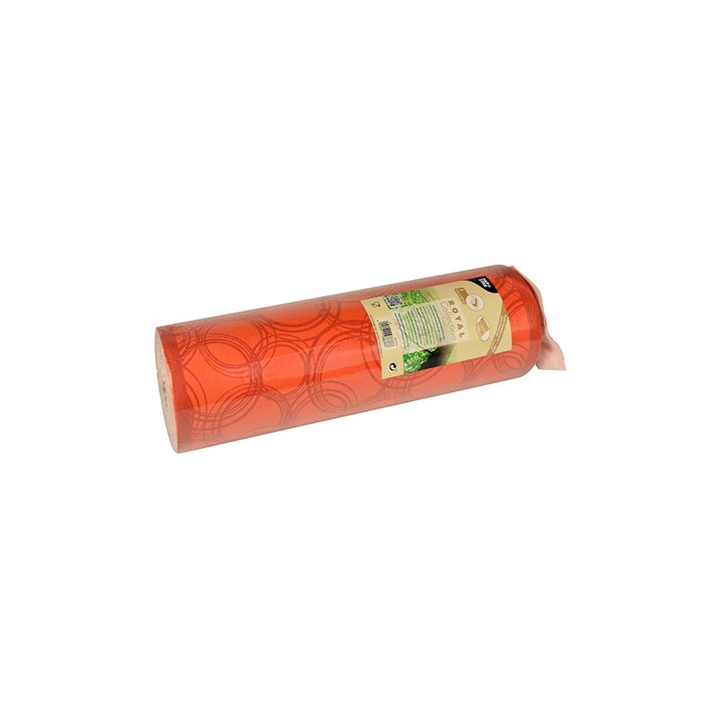 Un rotolo di materiale a rete di plastica rossa con motivo circolare, avvolto da un'etichetta con dettagli del prodotto e un codice a barre, proviene dal PAPSTAR runner da tavola simile a tessuto PV-Tissue Mix, parte della sofisticata collezione ROYAL della PAPSTAR GmbH.