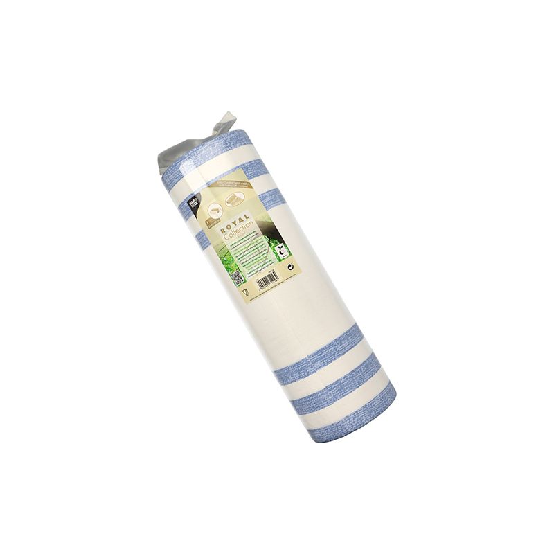 Un rotolo di carta da cucina con strisce blu e bianche, dotato di un'etichetta con informazioni sul prodotto e un logo ambientale, è ora parte del runner da tavola simile a tessuto PV-Tissue Mix "ROYAL Collection" della PAPSTAR GmbH nella dimensione 24 m x 40 cm.