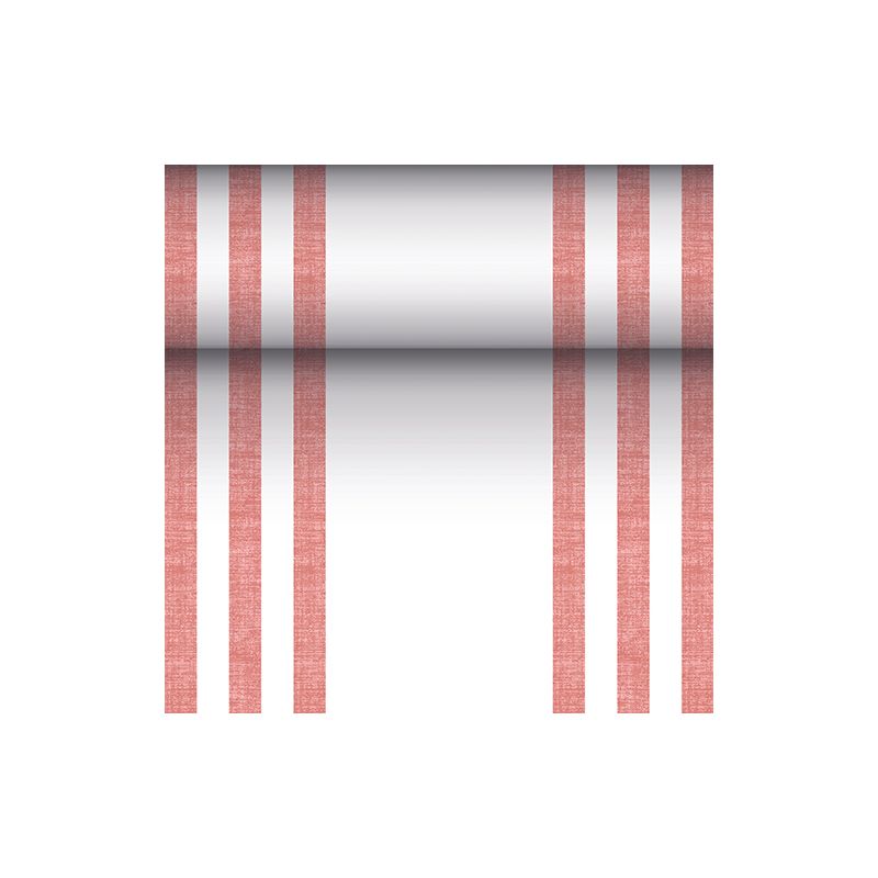 Il runner da tavola simile a tessuto PV-Tissue Mix "ROYAL Collection" della PAPSTAR GmbH nelle dimensioni 24 m x 40 cm si distingue per un design audace con sei linee rosse verticali, completato da una sfumatura orizzontale centrale dal nero al bianco su uno sfondo bianco immacolato.