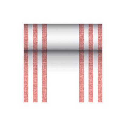 Il runner da tavola simile a tessuto PV-Tissue Mix "ROYAL Collection" della PAPSTAR GmbH nelle dimensioni 24 m x 40 cm si distingue per un design audace con sei linee rosse verticali, completato da una sfumatura orizzontale centrale dal nero al bianco su uno sfondo bianco immacolato.