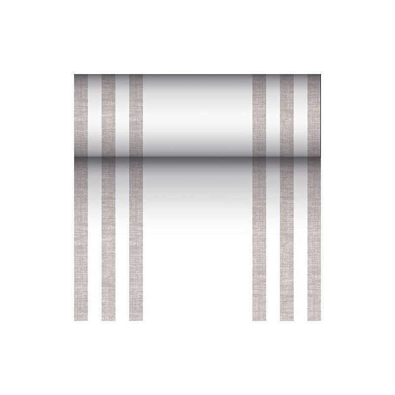Un cilindro riflettente metallico è sospeso su tre linee marroni verticali e parallele su ciascun lato, ricordando così il design moderno di un runner da tavola simile a tessuto PV-Tissue Mix della "ROYAL Collection" su sfondo bianco.