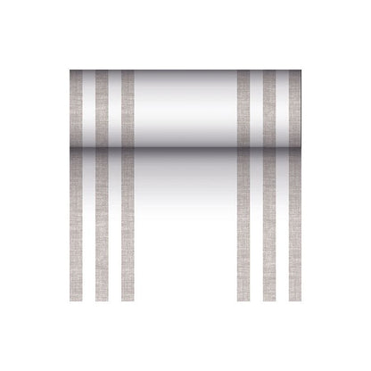 Un cilindro riflettente metallico è sospeso su tre linee marroni verticali e parallele su ciascun lato, ricordando così il design moderno di un runner da tavola simile a tessuto PV-Tissue Mix della "ROYAL Collection" su sfondo bianco.