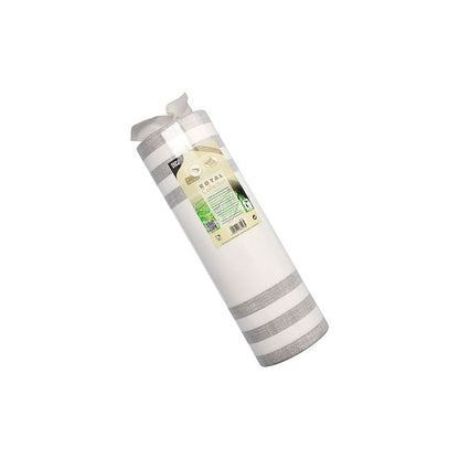 Un rotolo di tessuto per la casa a righe beige e bianche dalla "ROYAL Collection" della PAPSTAR GmbH è realizzato con un mix di tessuti PV e viene consegnato arrotolato ordinatamente in un imballaggio di plastica trasparente con un'etichetta con dettagli del prodotto. Con 24 metri di lunghezza e 40 centimetri di larghezza, può essere elegantemente utilizzato come runner da tavola.
