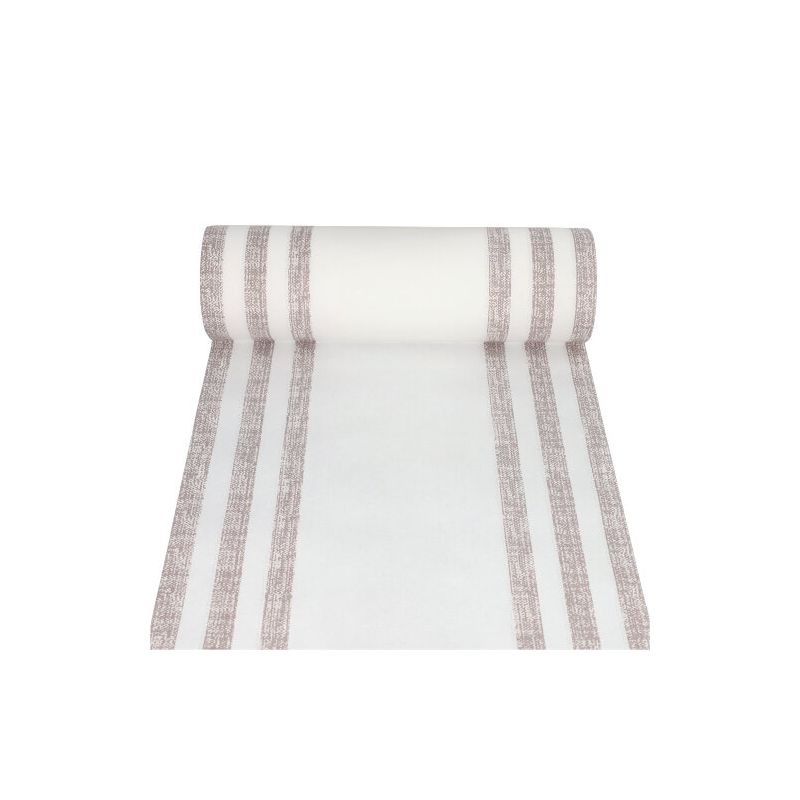 Un rotolo dal PAPSTAR runner da tavola simile a tessuto PV-Tissue Mix "ROYAL Collection" della PAPSTAR GmbH si distingue per un design lineare che, quando parzialmente srotolato, rivela strisce verticali beige su sfondo bianco, mostrando così il suo elegante motivo.