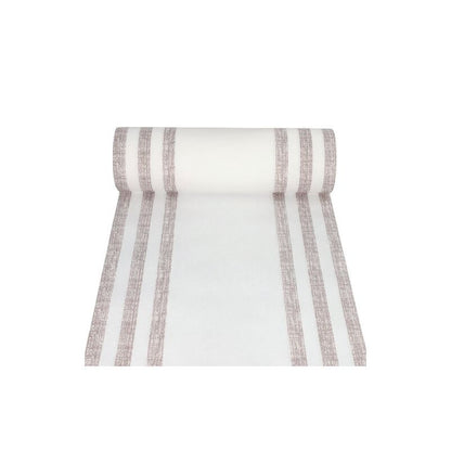 Un rotolo dal PAPSTAR runner da tavola simile a tessuto PV-Tissue Mix "ROYAL Collection" della PAPSTAR GmbH si distingue per un design lineare che, quando parzialmente srotolato, rivela strisce verticali beige su sfondo bianco, mostrando così il suo elegante motivo.