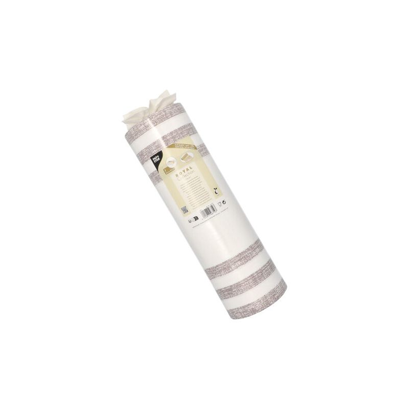 Un rotolo di carta da parati a righe beige e bianche, ispirato al PAPSTAR runner da tavola simile a tessuto PV-Tissue Mix "ROYAL Collection", completo di un'etichetta con dettagli del prodotto e marchio della PAPSTAR GmbH. La carta da parati presenta strisce orizzontali e la sua etichetta multilingue mostra immagini simili a quelle di un PAPSTAR runner da tavola.