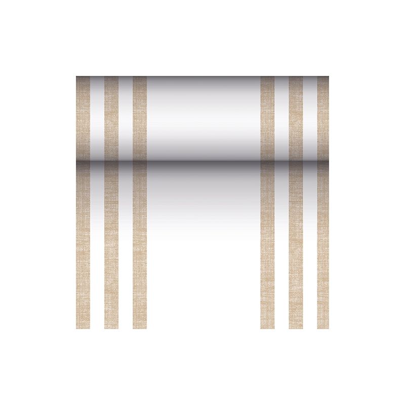 Il PAPSTAR runner da tavola simile a tessuto PV-Tissue Mix "ROYAL Collection" della PAPSTAR GmbH è un runner rettangolare con dimensioni di 24 metri per 40 centimetri, la cui superficie bianca è decorata su ogni lato con due coppie di linee verticali marroni, che conferiscono un aspetto simmetrico. Al centro c'è una sfumatura di colore che inizia scura al centro e diventa più chiara verso i bordi.