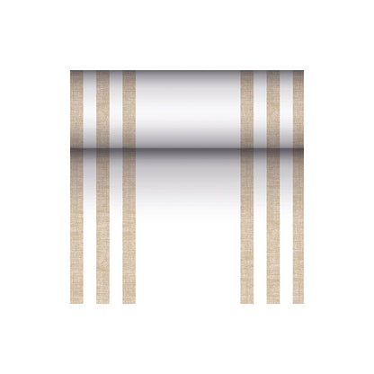 Il PAPSTAR runner da tavola simile a tessuto PV-Tissue Mix "ROYAL Collection" della PAPSTAR GmbH è un runner rettangolare con dimensioni di 24 metri per 40 centimetri, la cui superficie bianca è decorata su ogni lato con due coppie di linee verticali marroni, che conferiscono un aspetto simmetrico. Al centro c'è una sfumatura di colore che inizia scura al centro e diventa più chiara verso i bordi.