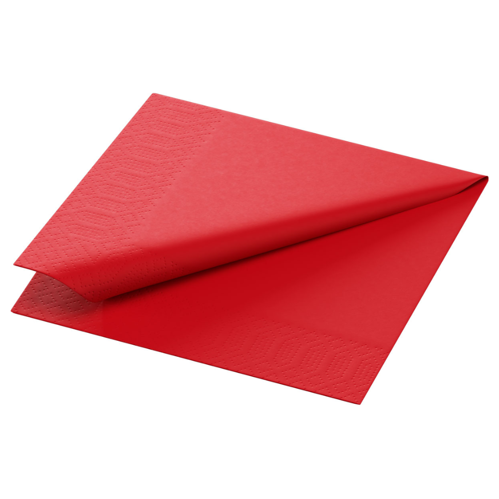 Un tovagliolo di carta rosso piegato nel formato 24 x 24 cm della Duni GmbH viene presentato su uno sfondo bianco semplice e sottolinea il suo raffinato design a 3 strati con un motivo in rilievo discreto lungo i bordi.