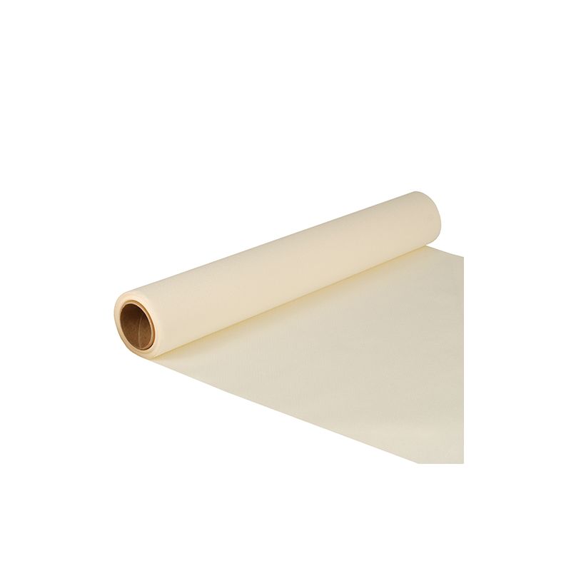 Un rotolo PAPSTAR di runner da tavola in tessuto "ROYAL Collection" nel formato 5 m x 40 cm è parzialmente srotolato su sfondo bianco, rivelando la forma cilindrica e sottolineando l'impegno del marchio per la sostenibilità.