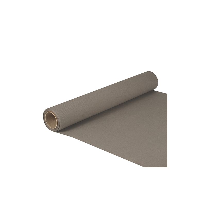 Un rotolo del PAPSTAR runner da tavola in tessuto "ROYAL Collection" nelle dimensioni 5 m x 40 cm e con certificazione FSC® è parzialmente srotolato e mostra la superficie liscia. Posizionato su sfondo bianco, il nucleo è visibile sul lato sinistro.