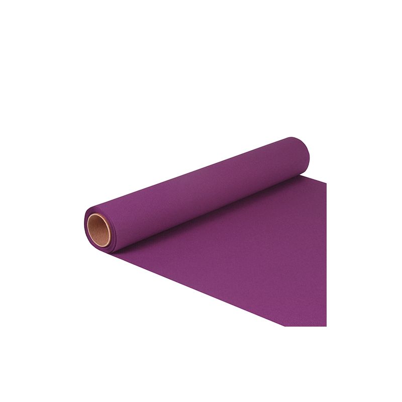 Un rotolo del lussuoso runner da tavola in tessuto viola "ROYAL Collection" della PAPSTAR GmbH nelle dimensioni 5 x 40 centimetri è parzialmente srotolato su uno sfondo bianco impeccabile.