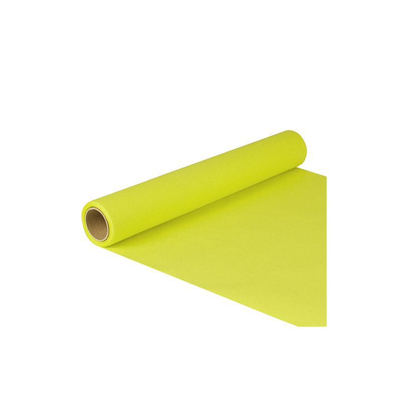 Un rotolo di carta giallo-verde brillante, che ricorda il runner da tavola in tessuto della PAPSTAR "ROYAL Collection" della PAPSTAR GmbH, è parzialmente srotolato su uno sfondo bianco impeccabile, sottolineando così la sua eleganza e il suo impegno per la sostenibilità con la certificazione FSC®.