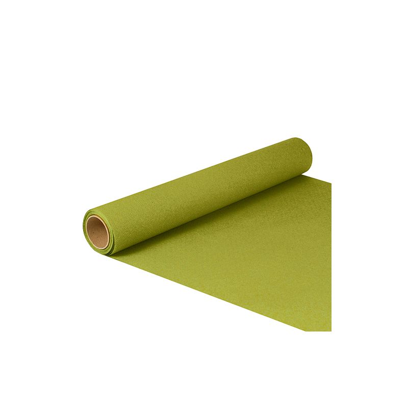 Un rotolo di runner da tavola in tessuto "ROYAL Collection" della PAPSTAR GmbH in verde con le dimensioni 5 per 40 centimetri è parzialmente srotolato e presentato su uno sfondo bianco.