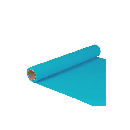 Un rotolo PAPSTAR di runner da tavola in tessuto "ROYAL Collection" in un azzurro intenso della PAPSTAR GmbH è parzialmente srotolato e giace su uno sfondo bianco semplice.
