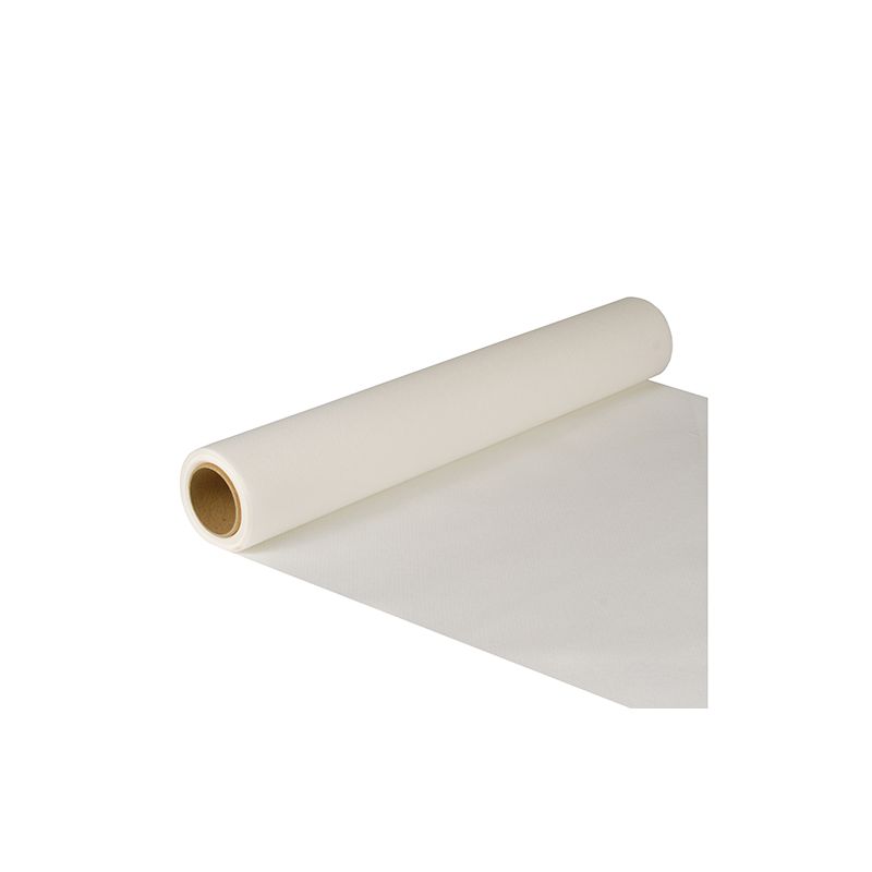 Un runner da tavola parzialmente srotolato in tessuto della PAPSTAR "ROYAL Collection" con le dimensioni 5 m x 40 cm giace elegantemente su una superficie bianca. La certificazione FSC® della PAPSTAR GmbH garantisce sostenibilità e dà alle persone attente all'ambiente una buona sensazione. Questo prodotto è perfetto come runner decorativo o per qualsiasi scopo creativo che si possa immaginare.