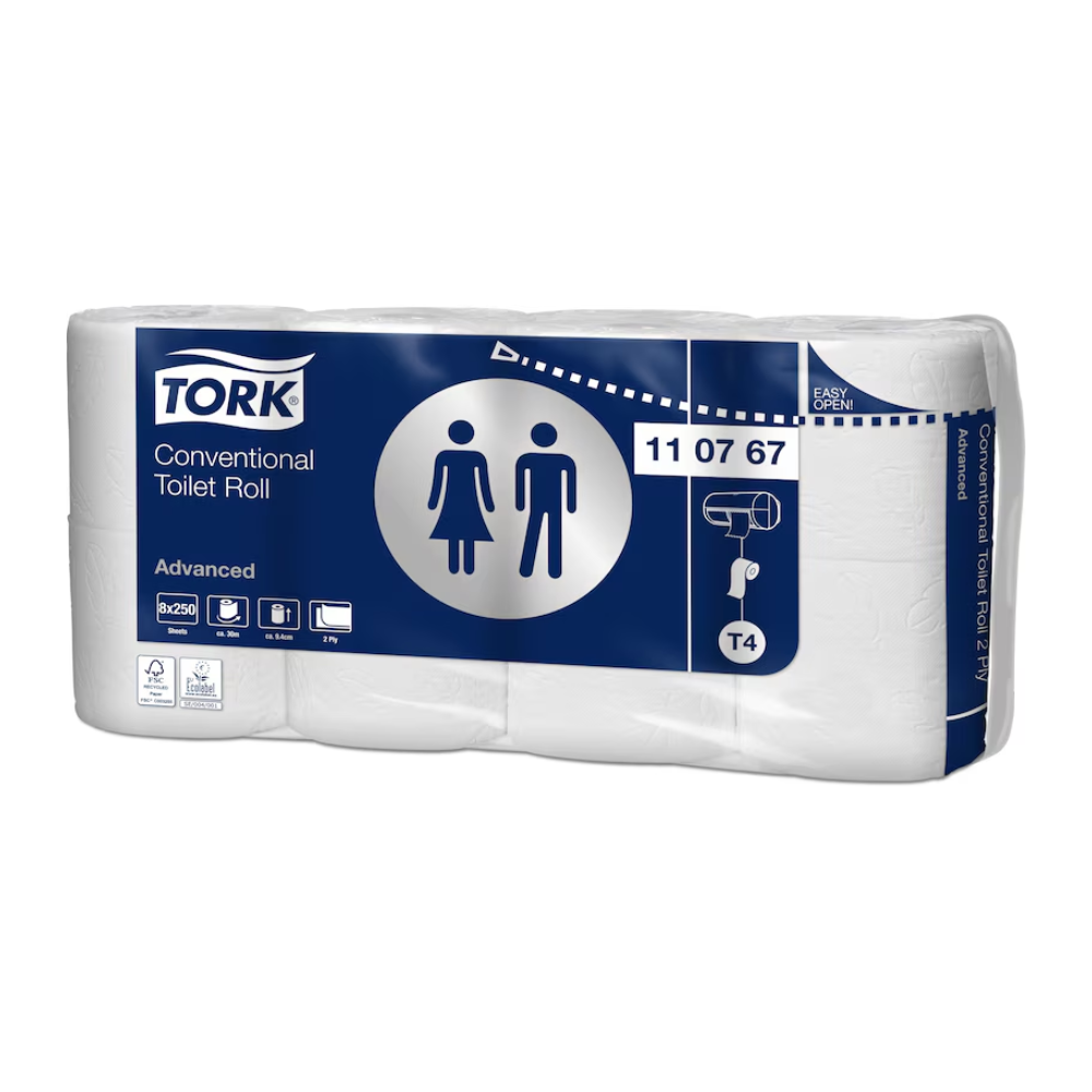 La carta igienica a rotoli piccoli Tork 110767 Advanced T4, marca TORK - Essity Professional Hygiene Germany GmbH, è disponibile in un design blu-bianco con simboli che indicano l'idoneità per i bagni maschili e femminili. Questo pacchetto contiene sei rotoli di carta igienica morbida.