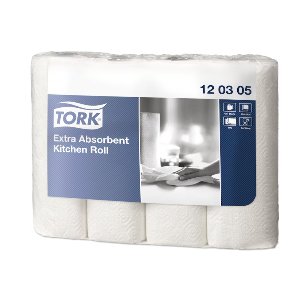 Una scatola di rotoli da cucina extra assorbenti Tork 120305 Premium a 3 strati, prodotta da TORK - Essity Professional Hygiene Germany GmbH, contiene 48 rotoli. L'imballaggio prevalentemente bianco con dettagli blu mostra un'immagine del prodotto, un logo e simboli di utilizzo. L'etichetta "120305" sottolinea il design extra assorbente.