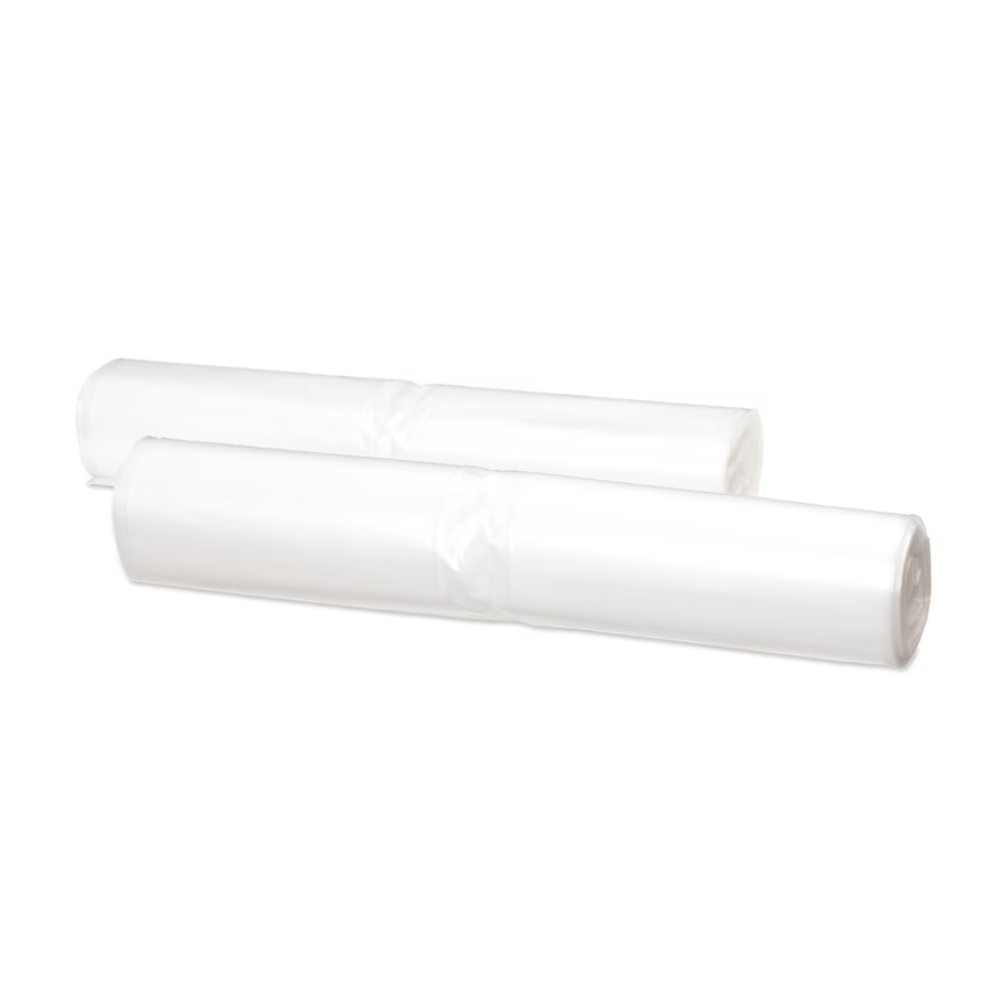 Due rotoli di sacchi per rifiuti trasparenti Tork 204060 in materiale riciclato sono posizionati uno accanto all'altro su uno sfondo bianco semplice.