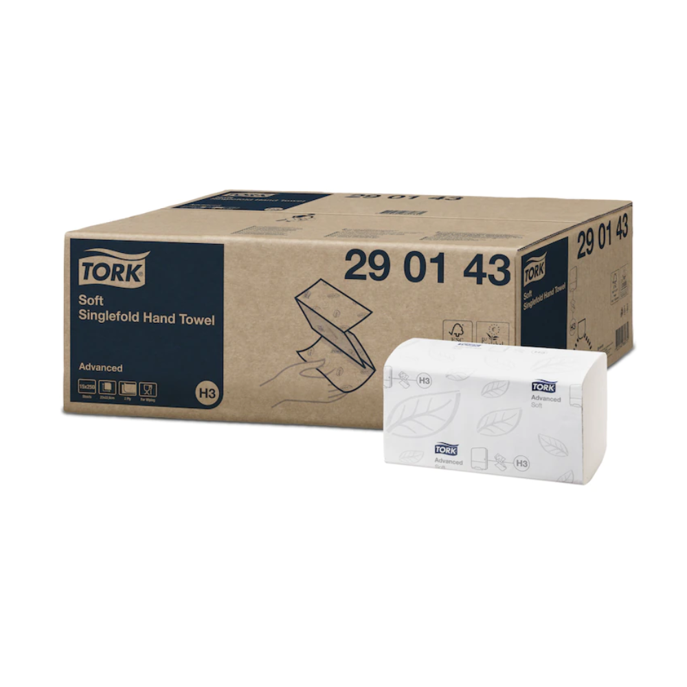 Una scatola di asciugamani a zig-zag morbidi Tork 290143 Advanced H3 a 2 strati è esposta accanto a una confezione aperta con design a foglia. La scatola con il numero di modello 29 01 43 presenta uno schema di colori blu-beige, ideale per l'installazione del dispenser Tork Advanced H3.