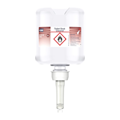 Il detergente per sedili WC Tork 420302 Premium, fornito in una scatola con otto bottiglie e prodotto da TORK – Essity Professional Hygiene Germany GmbH, promuove l'igiene prevenendo le contaminazioni incrociate. La bottiglia dosatrice trasparente contiene istruzioni e dispone di un ugello alla base per un'applicazione facile. Inoltre, per motivi di sicurezza, è contrassegnata con un simbolo di avvertimento per sostanze infiammabili.