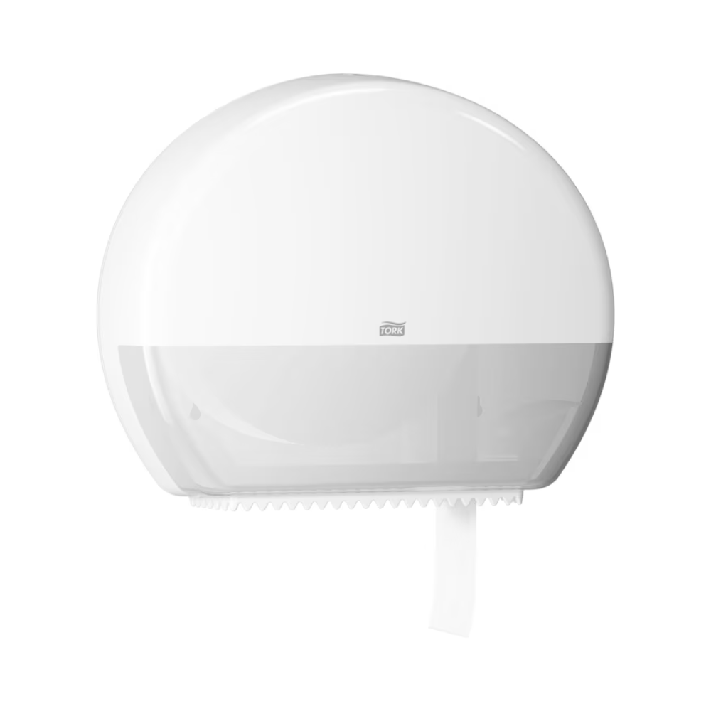 Il dispenser Tork 554000 per carta igienica Jumbo Elevation T1 di TORK, fornito da Essity Professional Hygiene Germany GmbH, è un dispenser da parete bianco con una parte inferiore traslucida. È progettato per bagni ad alto traffico (bagni con alta frequenza di visitatori) per monitorare efficacemente il rotolo di carta igienica Jumbo all'interno.