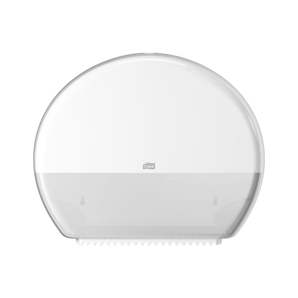 Il dispenser Tork 554000 per carta igienica Jumbo Elevation T1 di Essity Professional Hygiene Germany GmbH è un dispenser rotondo in plastica bianca per carta igienica Jumbo con una metà inferiore traslucida, ideale per bagni con un alto afflusso di visitatori. La sua superficie esterna liscia presenta al centro un piccolo logo che consente un facile monitoraggio del livello della carta all'interno.