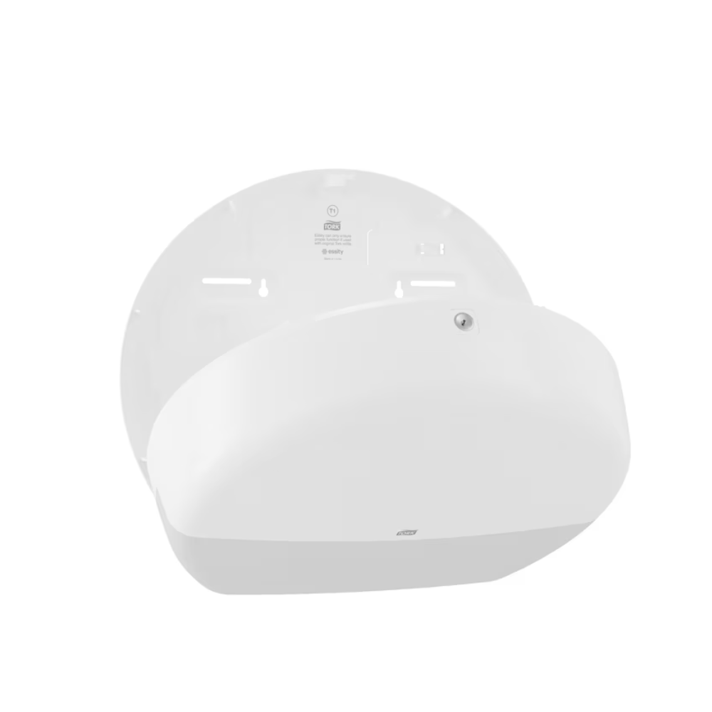 Il dispenser Tork 554000 per carta igienica Jumbo Elevation T1, progettato per bagni con alta frequenza di visitatori, è un dispenser da parete bianco con coperchio arrotondato. Il dispenser è aperto per mostrare il suo vano interno, che presenta tacche e fori per una facile installazione. È un'ottima scelta per la gestione efficiente della carta igienica Jumbo.